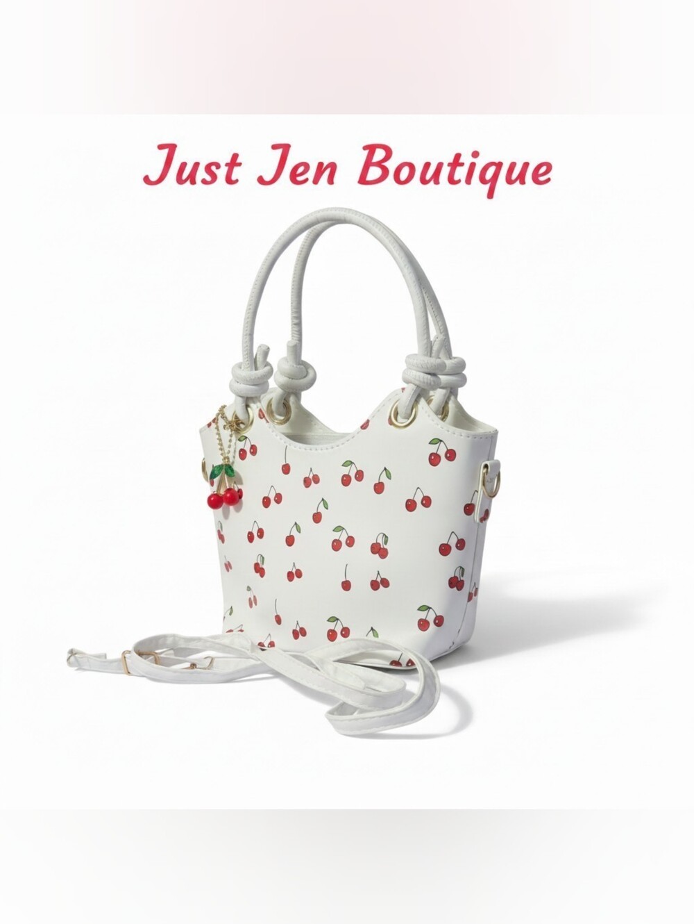 Cherry Print Faux Leather Crossbody Handbag Purse w/ Cherry Bag Charm
